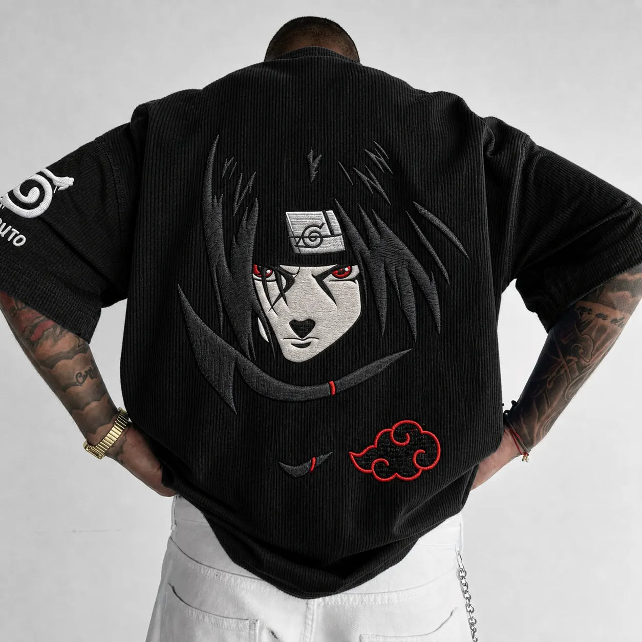 Premium Cotton-Blend Corduroy T-Shirt Featuring Embroidered Anime Character Design, Oversized Fit, Short Sleeve Graphic Tee for Casual Wear