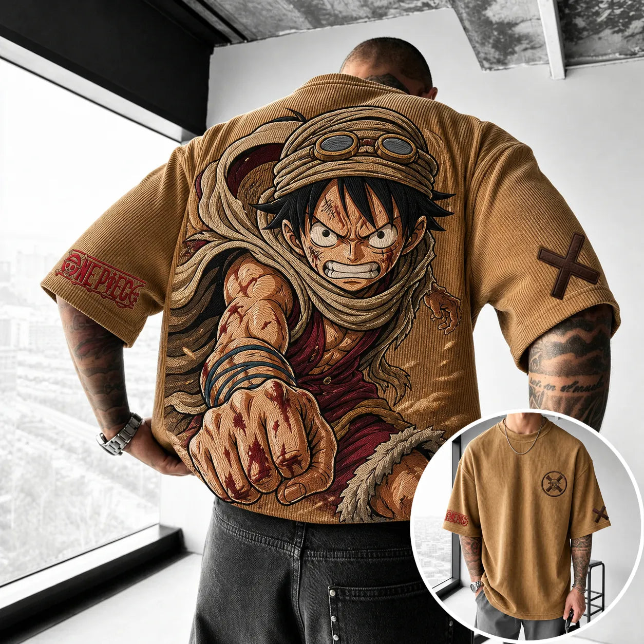 Unisex Short-Sleeve Corduroy T-Shirt With Anime Print