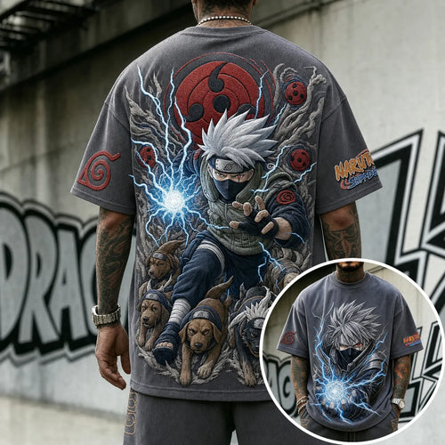 Unisex Oversized Anime-Print Vertical-Stripe Short-Sleeve T-Shirt