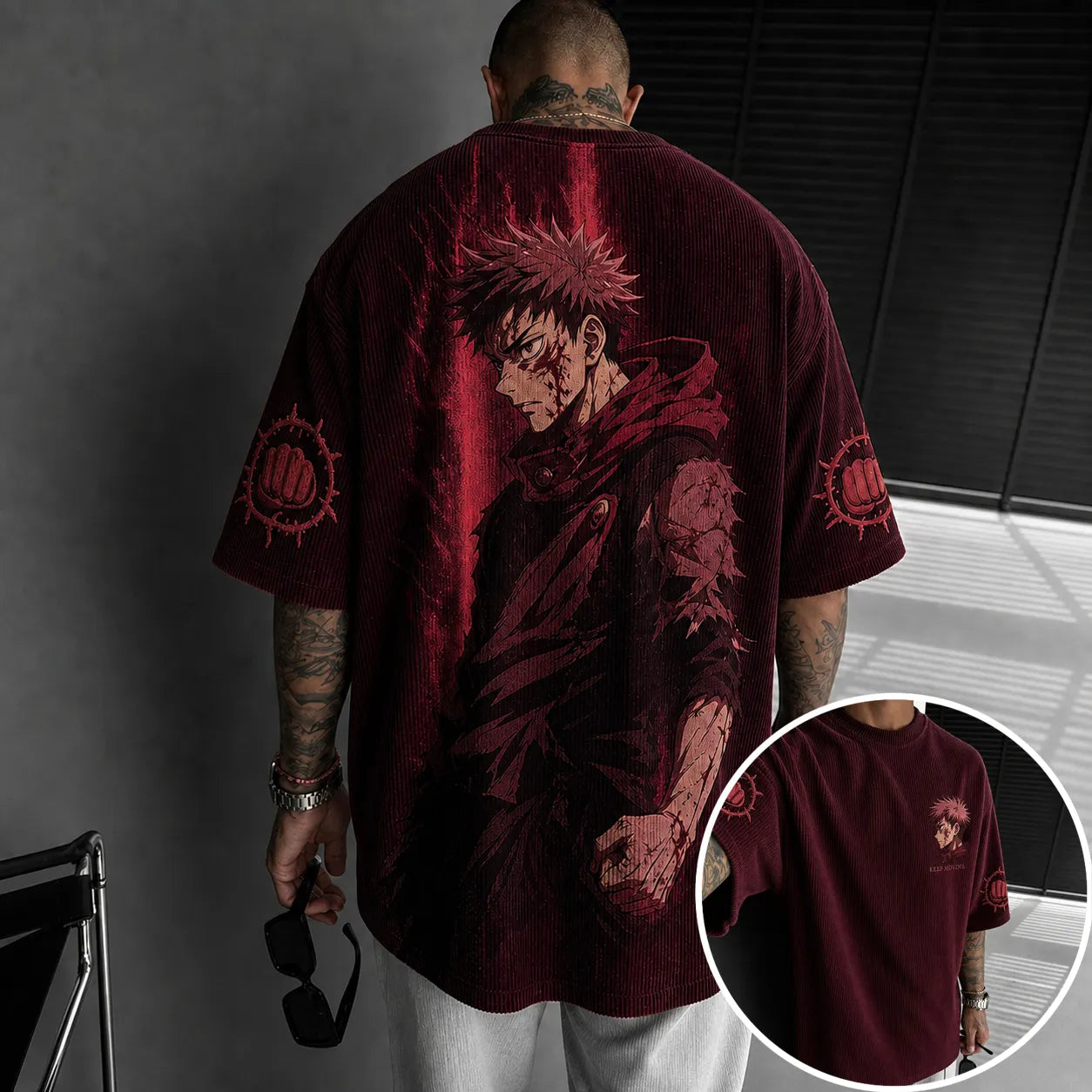 Unisex Anime Print Short-Sleeve Corduroy T-Shirt