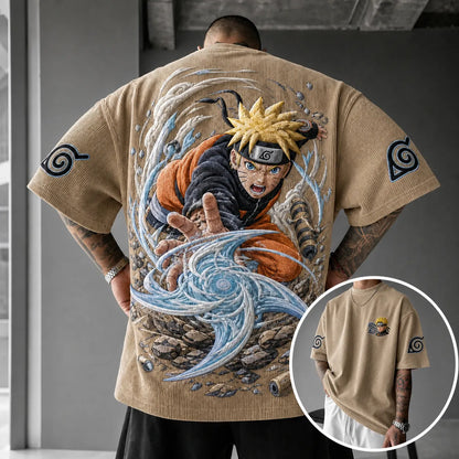 Unisex Oversized Anime-Print Vertical-Stripe Short-Sleeve T-Shirt