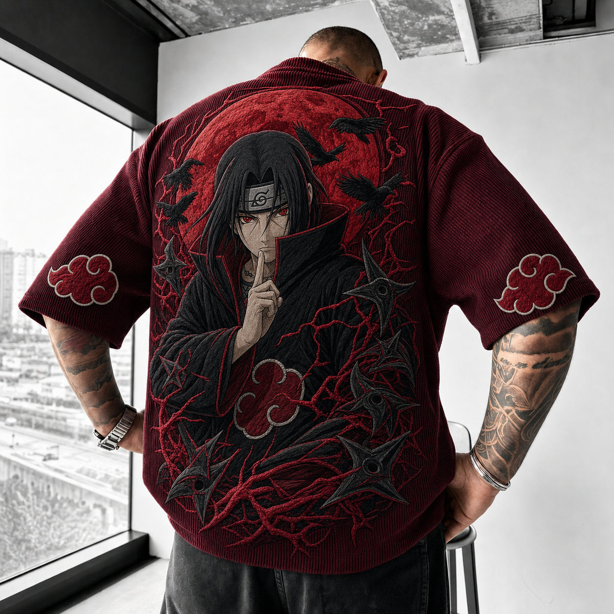 Unisex Oversized Anime-Print Vertical-Stripe Short-Sleeve T-Shirt