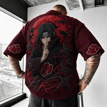 Unisex Oversized Anime-Print Vertical-Stripe Short-Sleeve T-Shirt