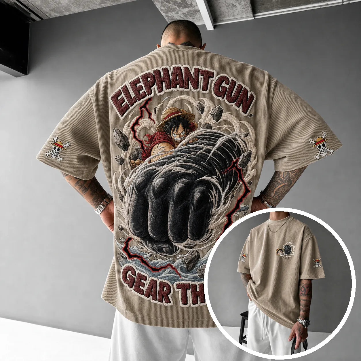 Premium Cotton-Blend Corduroy T-Shirt with Embroidered Patch – Oversized Graphic Tee for Casual Streetwear