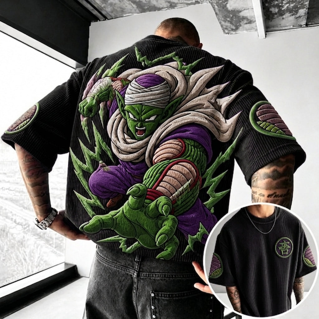 Unisex Anime-Style Retro Corduroy Oversized T-Shirt