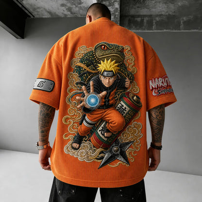 Unisex Oversized Anime-Print Vertical-Stripe Short-Sleeve T-Shirt