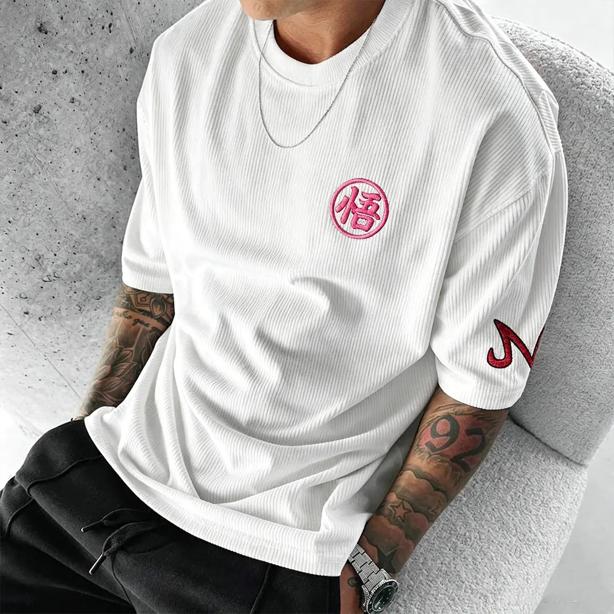 Anime-Inspired Vintage Waffle Knit T-Shirt