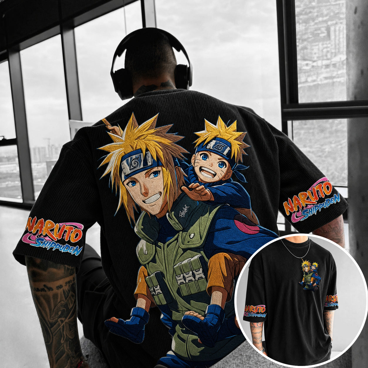 Naruto Shippuden Embroidered Graphic Tee – Premium Cotton Blend Oversized T-Shirt with Iconic Character Art and Sleeve Logo