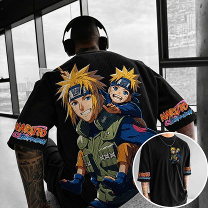 Naruto Shippuden Embroidered Graphic Tee – Premium Cotton Blend Oversized T-Shirt with Iconic Character Art and Sleeve Logo