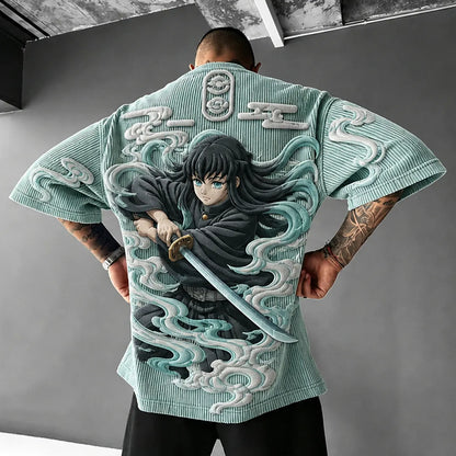Unisex Anime-Style Retro Corduroy Oversized T-Shirt