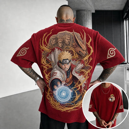 Unisex Oversized Anime-Print Vertical-Stripe Short-Sleeve T-Shirt