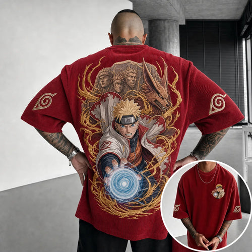 Unisex Oversized Anime-Print Vertical-Stripe Short-Sleeve T-Shirt
