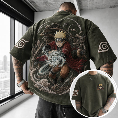 Unisex Oversized Anime-Print Vertical-Stripe Short-Sleeve T-Shirt