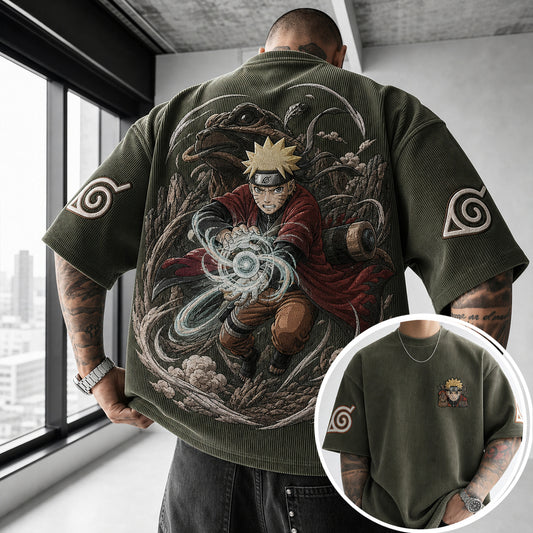 Unisex Oversized Anime-Print Vertical-Stripe Short-Sleeve T-Shirt