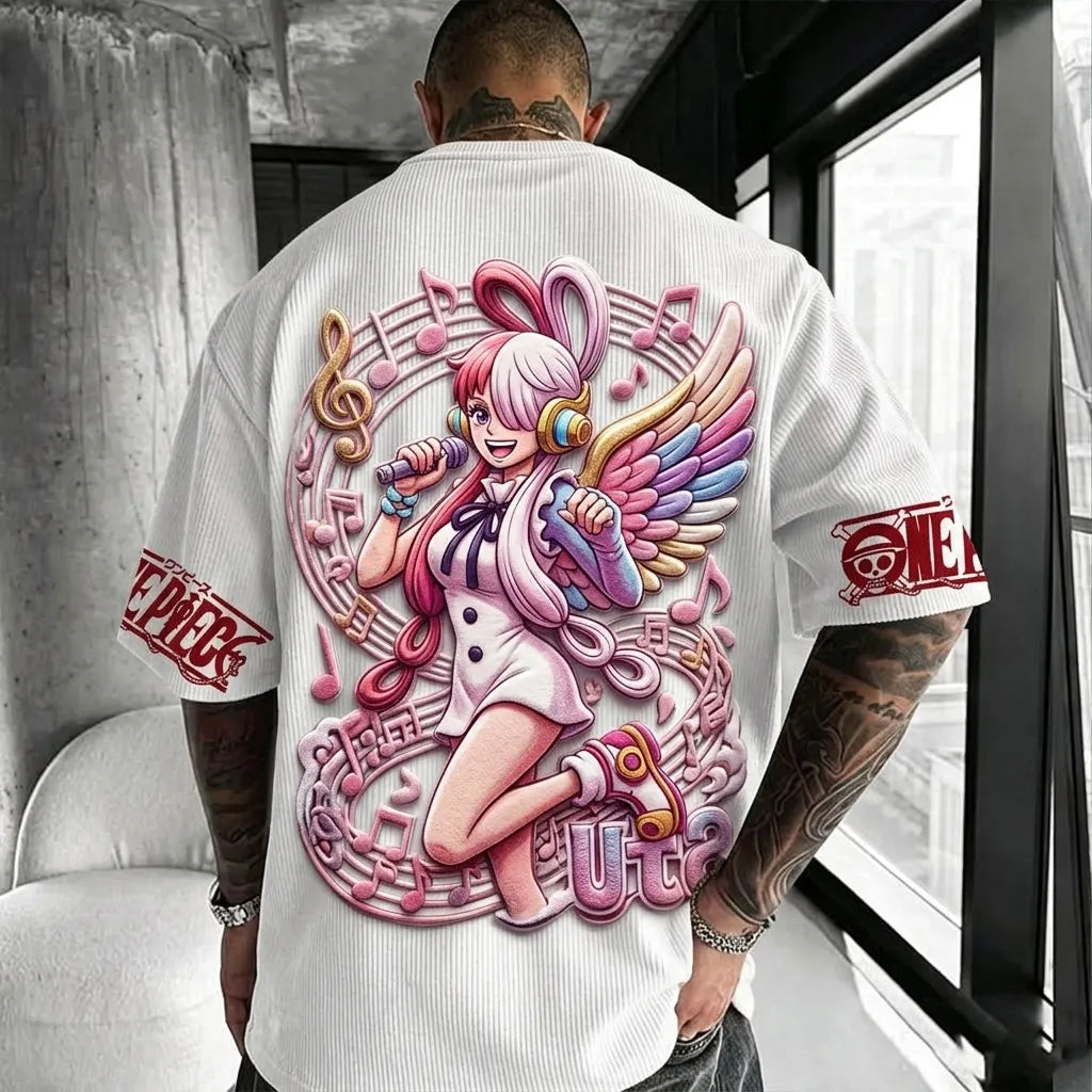 Unisex Anime-Style Retro Corduroy Oversized T-Shirt