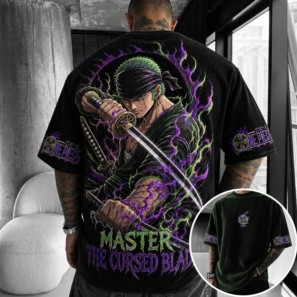 Unisex Short-Sleeve Corduroy T-Shirt With Anime Print