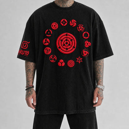 Unisex Anime-Style Retro Corduroy Oversized T-Shirt