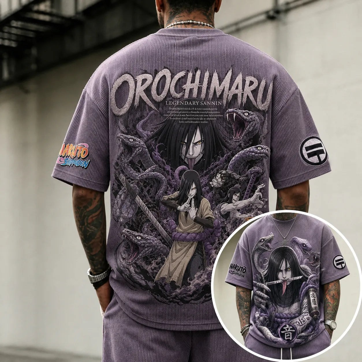 Unisex Oversized Anime-Print Vertical-Stripe Short-Sleeve T-Shirt