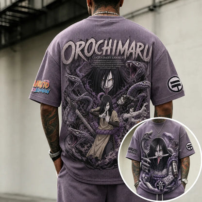 Unisex Oversized Anime-Print Vertical-Stripe Short-Sleeve T-Shirt