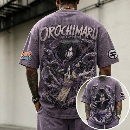 Unisex Oversized Anime-Print Vertical-Stripe Short-Sleeve T-Shirt