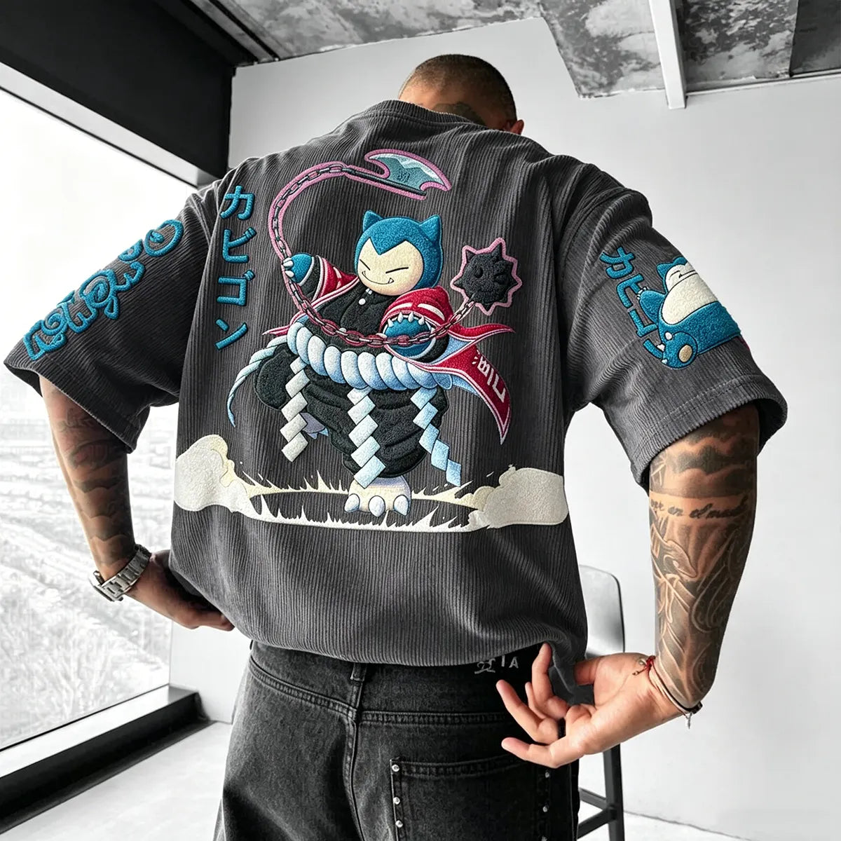 Anime-Inspired Vintage Waffle Knit T-Shirt