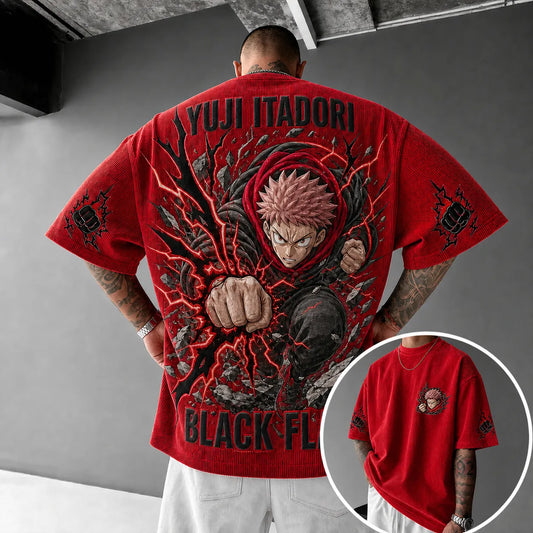 Unisex Anime Print Short-Sleeve Corduroy T-Shirt