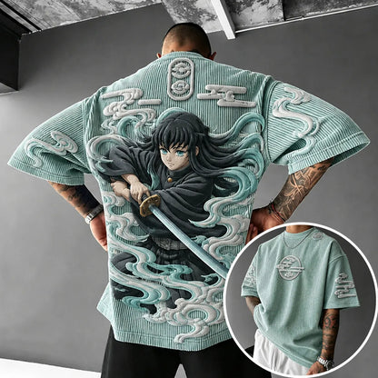 Unisex Anime-Style Retro Corduroy Oversized T-Shirt
