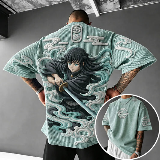 Unisex Anime-Style Retro Corduroy Oversized T-Shirt