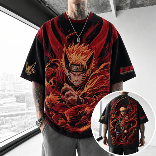 Unisex Oversized Anime-Print Vertical-Stripe Short-Sleeve T-Shirt