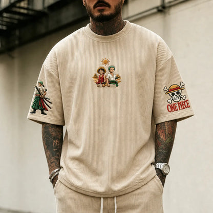 Anime Embroidered Graphic Tee – Premium Cotton Blend Short Sleeve Crew Neck T-Shirt with Back & Sleeve Artwork