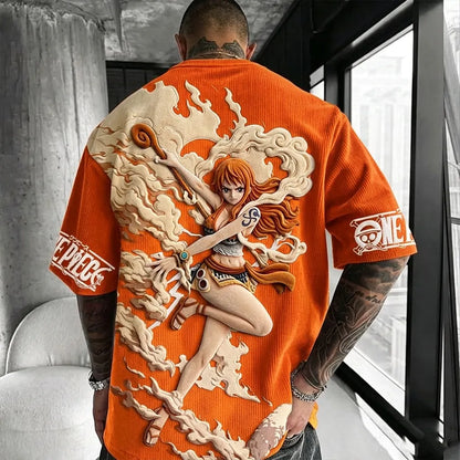 Unisex Anime-Style Retro Corduroy Oversized T-Shirt