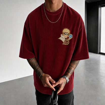 Unisex Oversized Anime-Print Vertical-Stripe Short-Sleeve T-Shirt