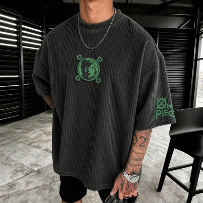 Unisex Anime-Style Retro Corduroy Oversized T-Shirt