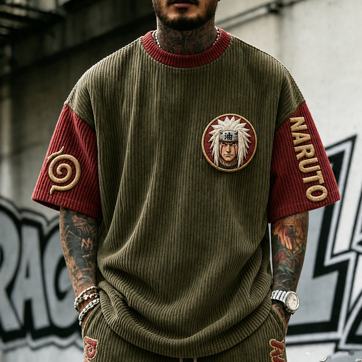 Unisex Anime-Style Retro Corduroy Oversized T-Shirt