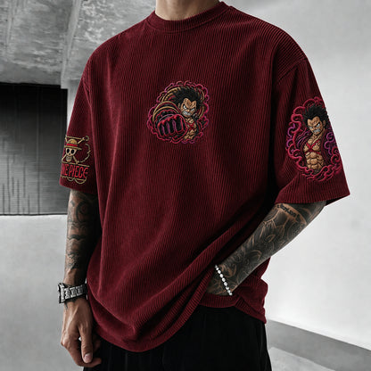 Premium Cotton-Blend Corduroy T-Shirt with Embroidered Luffy Design – Oversized Graphic Tee for Casual Wear