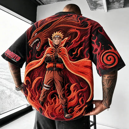 Unisex Oversized Anime-Print Vertical-Stripe Short-Sleeve T-Shirt