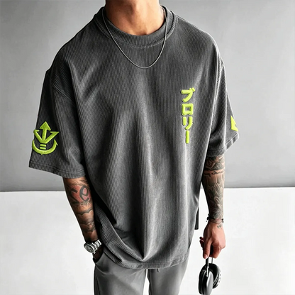 Anime-Inspired Vintage Waffle Knit T-Shirt