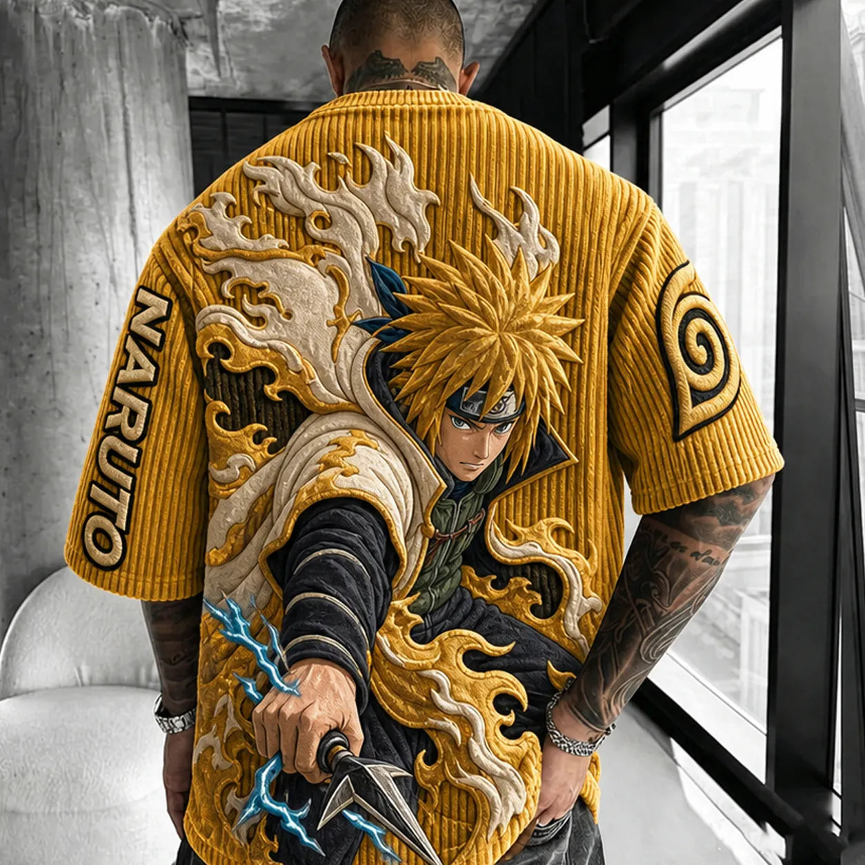 Unisex Anime-Style Retro Corduroy Oversized T-Shirt