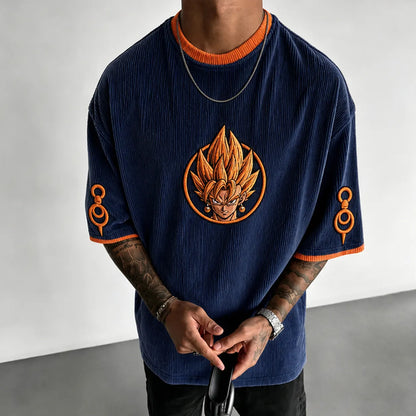 Unisex Anime-Style Retro Corduroy Oversized T-Shirt