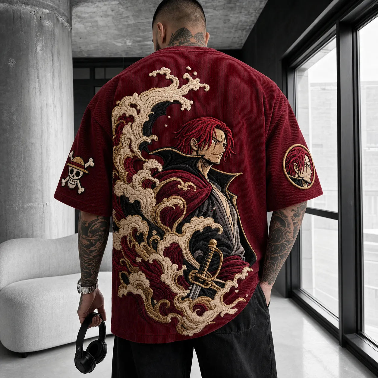 Unisex Anime-Style Retro Corduroy Oversized T-Shirt