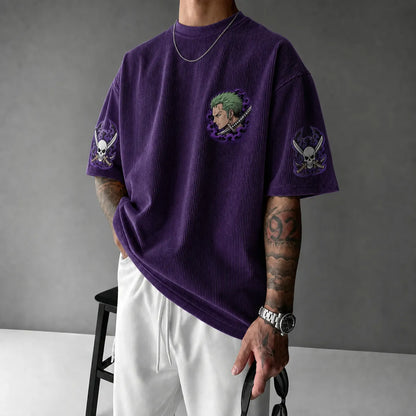 Unisex Oversized Anime-Print Vertical-Stripe Short-Sleeve T-Shirt