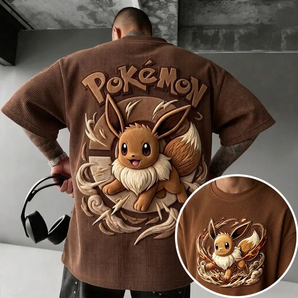 Unisex Anime-Style Retro Corduroy Oversized T-Shirt