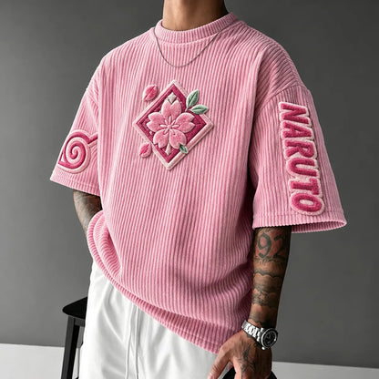 Unisex Anime-Style Retro Corduroy Oversized T-Shirt