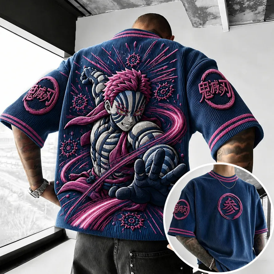 Unisex Oversized Anime-Print Vertical-Stripe Short-Sleeve T-Shirt