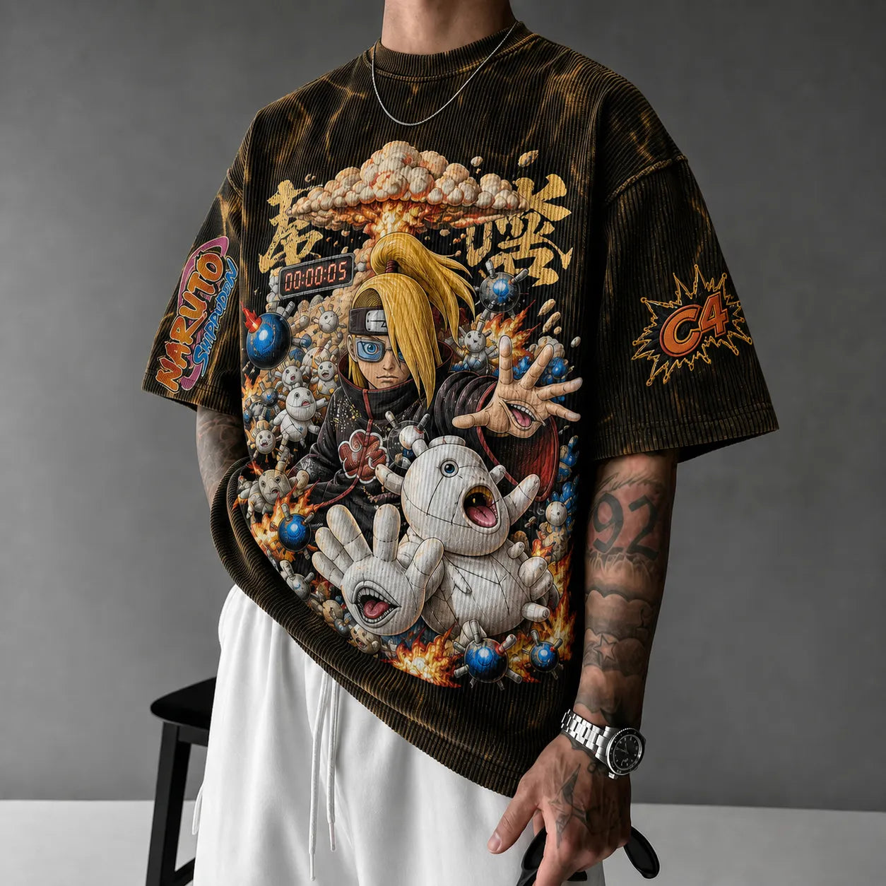 Unisex Oversized Anime-Print Vertical-Stripe Short-Sleeve T-Shirt