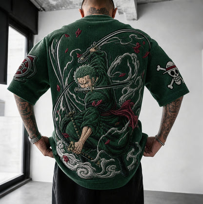 Unisex Anime-Style Retro Corduroy Oversized T-Shirt