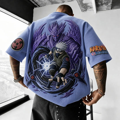 Unisex Oversized Anime-Print Vertical-Stripe Short-Sleeve T-Shirt