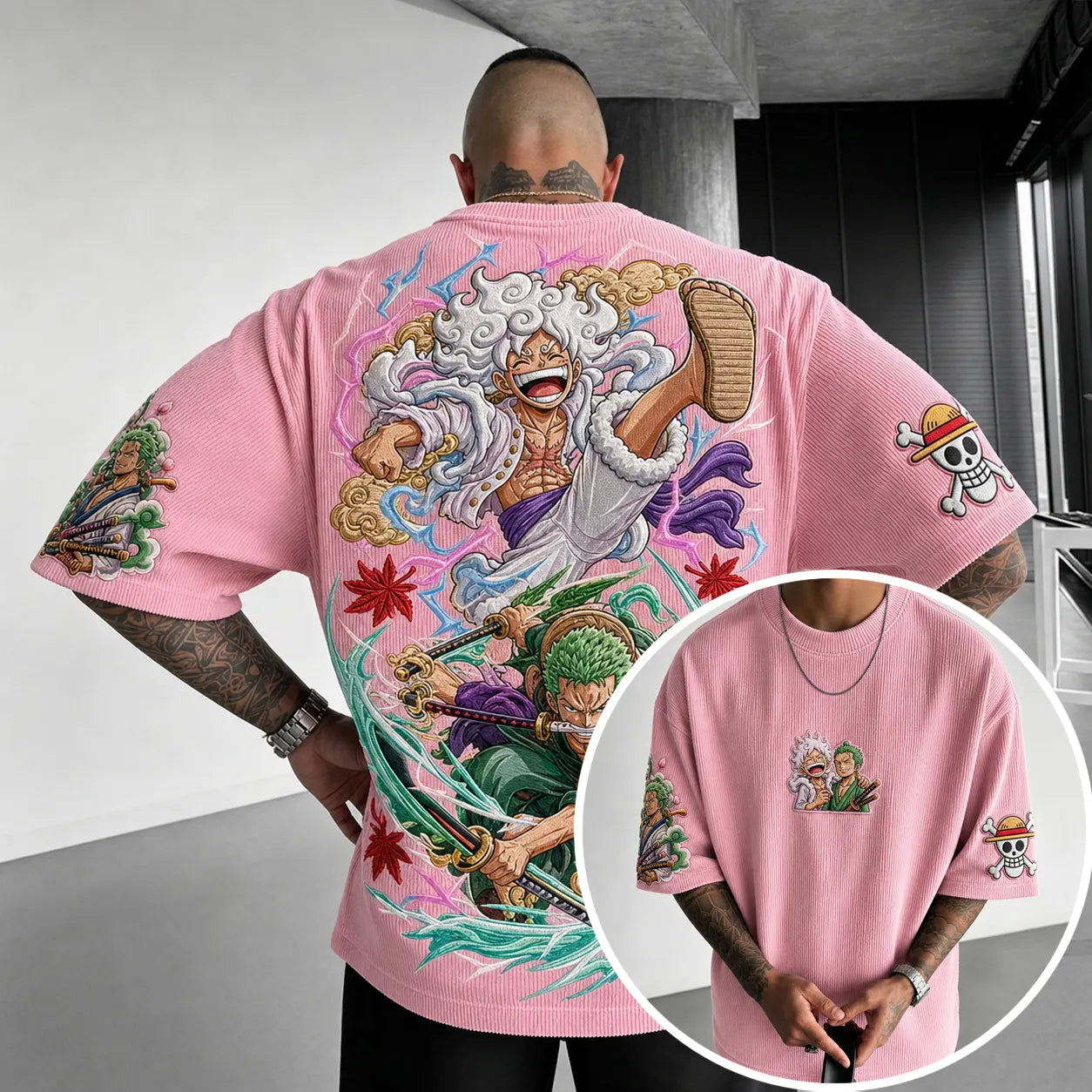 Premium Cotton-Blend Ribbed Knit T-Shirt with Anime Character Embroidery – Oversized Crewneck Streetwear Top