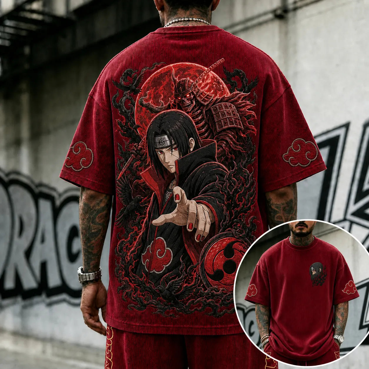 Unisex Oversized Anime-Print Vertical-Stripe Short-Sleeve T-Shirt