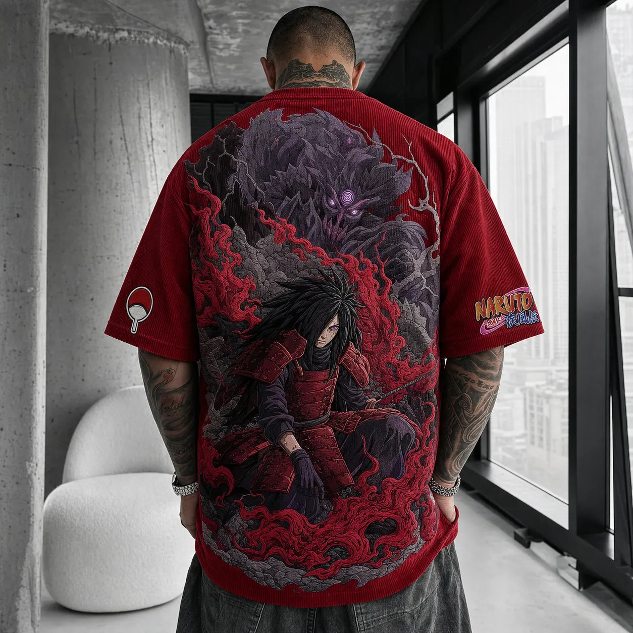 Unisex Oversized Anime-Print Vertical-Stripe Short-Sleeve T-Shirt